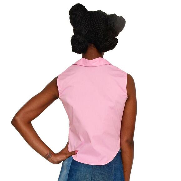 Pink Sleeveless Tie Front Button Up Blouse 50s 60s Retro Style Size L - Hey Viv - Picture 3 of 5